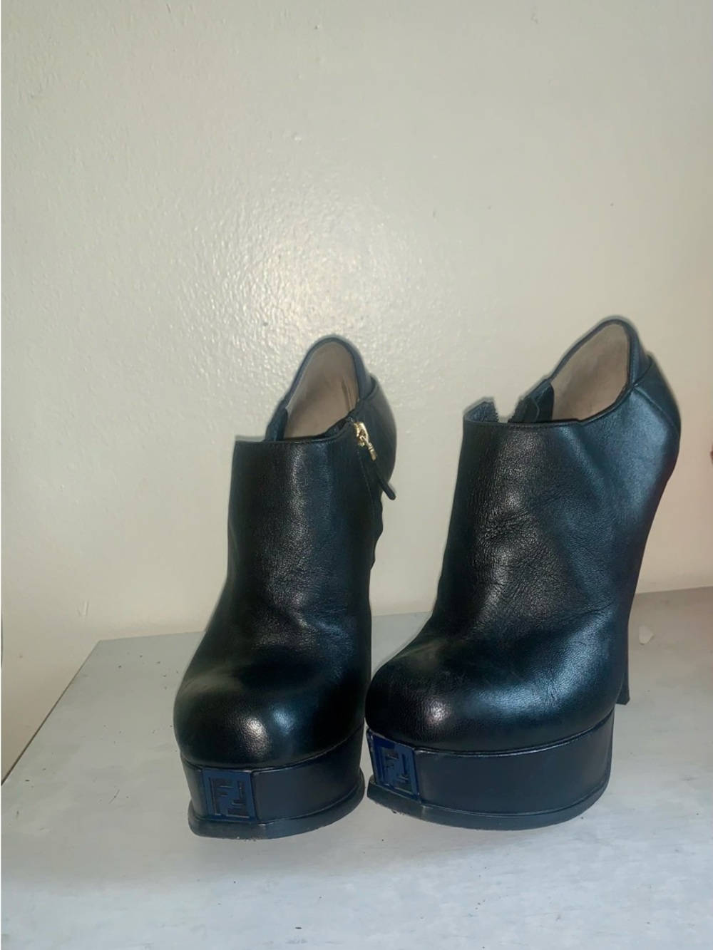 Fendi Black Leather Platform Ankle Booties - High Heel